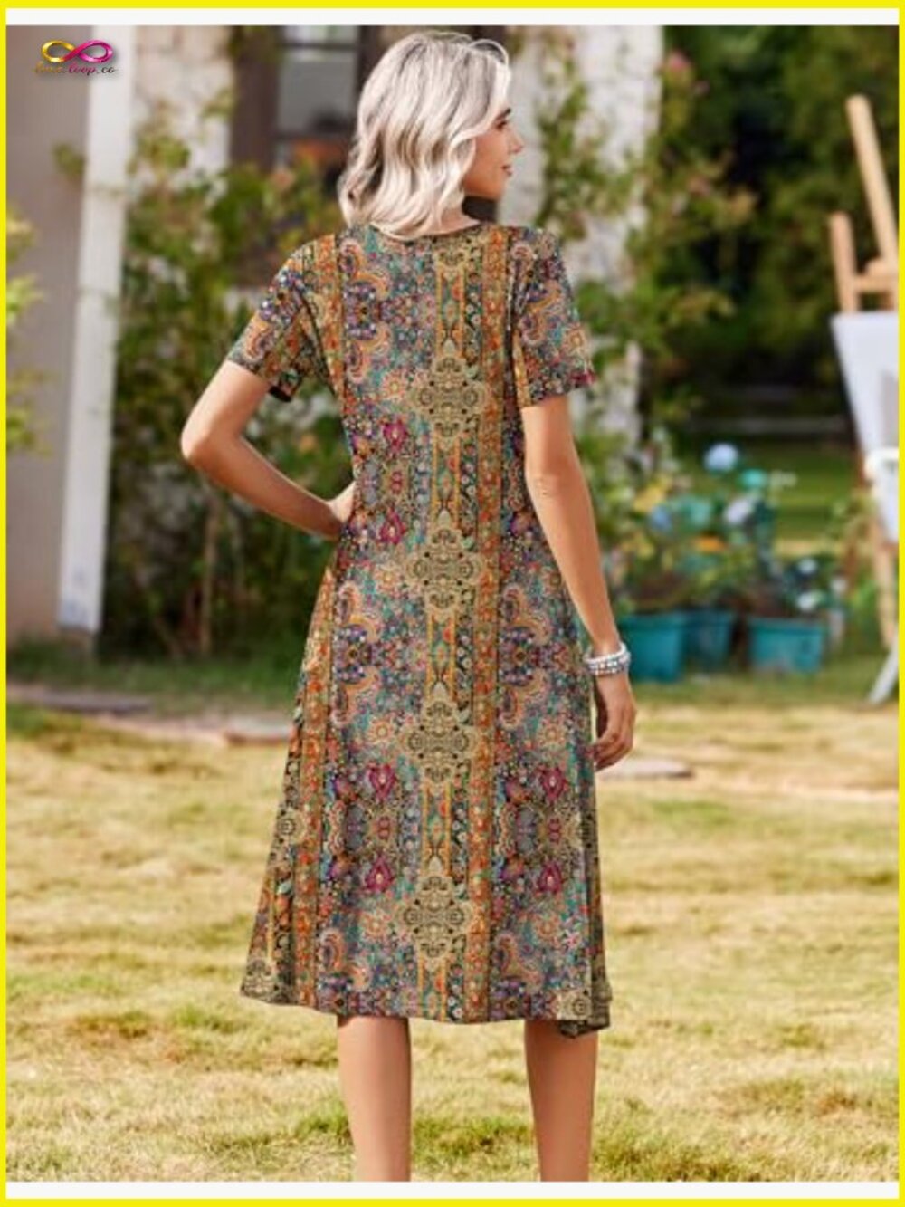 Casual Short Sleeve A-Line Midi Dress With Pockets Flowy Pleated T-Shirt Dress - Picture 6 of 7